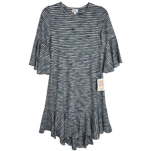 NWT Lularoe Maurine Blue Striped Ruffled Swing Dress Bell Sleeves Sz XS Oversize - Picture 1 of 9